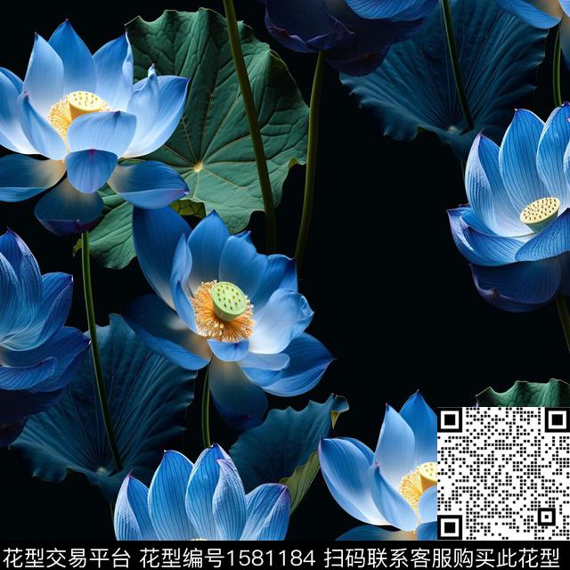黑底花卉荷花中老年数码印花华亿平台下载（图片编号: 1581184） - 瓦栏（Walan）