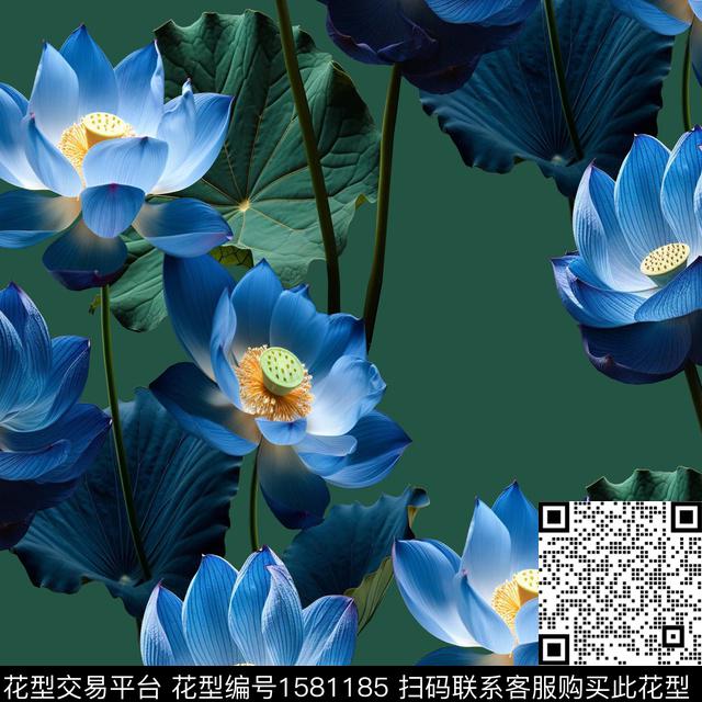 黑底花卉荷花中老年数码印花华亿平台下载（图片编号: 1581185） - 瓦栏（Walan）