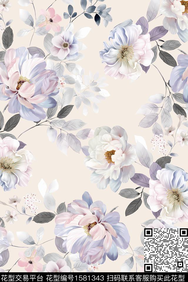 花卉连衣裙水彩花卉数码印花华亿平台下载（图片编号: 1581343） - 瓦栏（Walan）