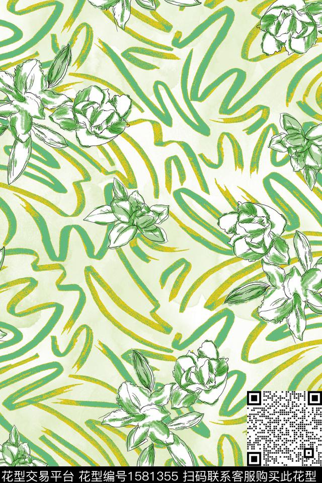 水彩花卉花卉条纹数码印花华亿平台下载（图片编号: 1581355） - 瓦栏（Walan）