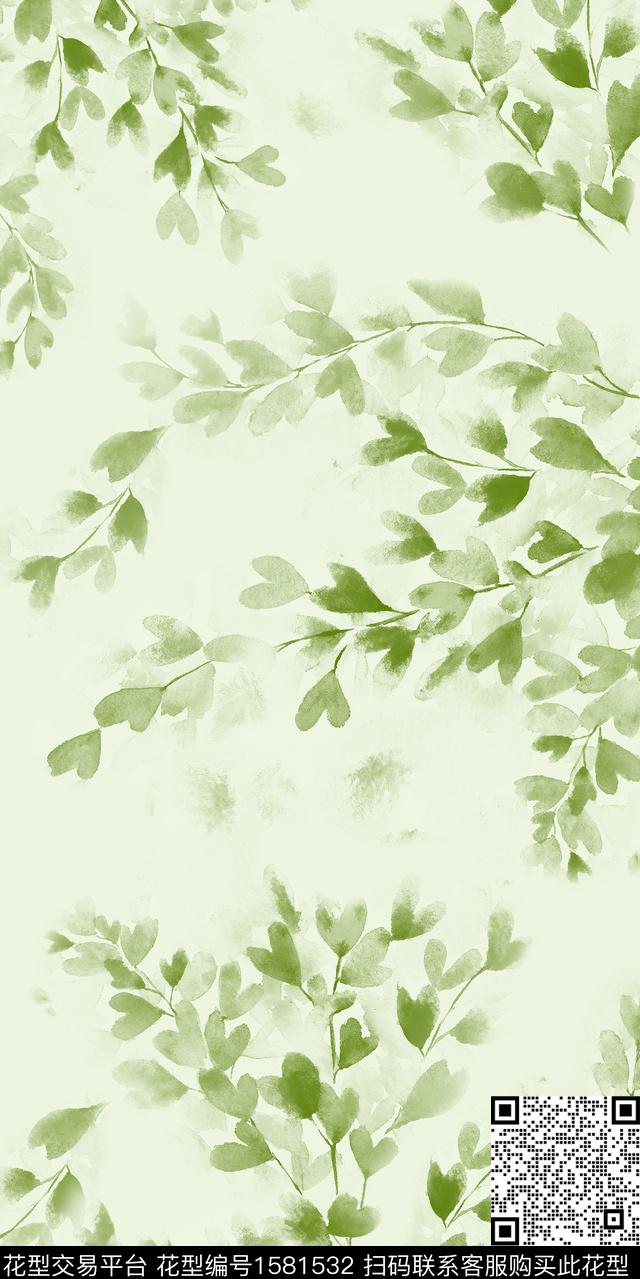 植物水彩叶子数码印花华亿平台下载（图片编号: 1581532） - 瓦栏（Walan）