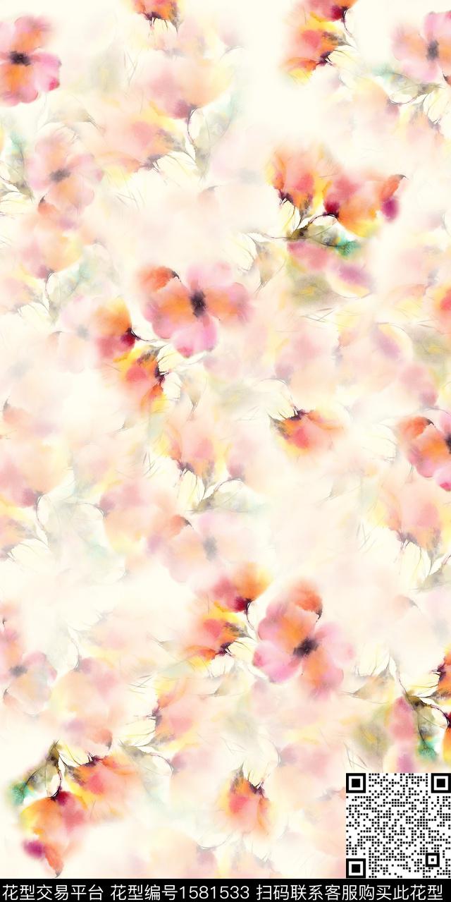 花卉跳接水彩花卉数码印花华亿平台下载（图片编号: 1581533） - 瓦栏（Walan）