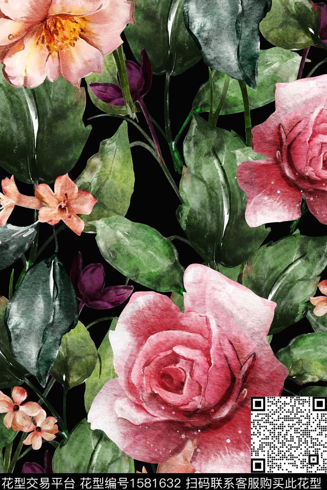 花卉大花黑底花卉数码印花华亿平台下载（图片编号: 1581632） - 瓦栏（Walan）