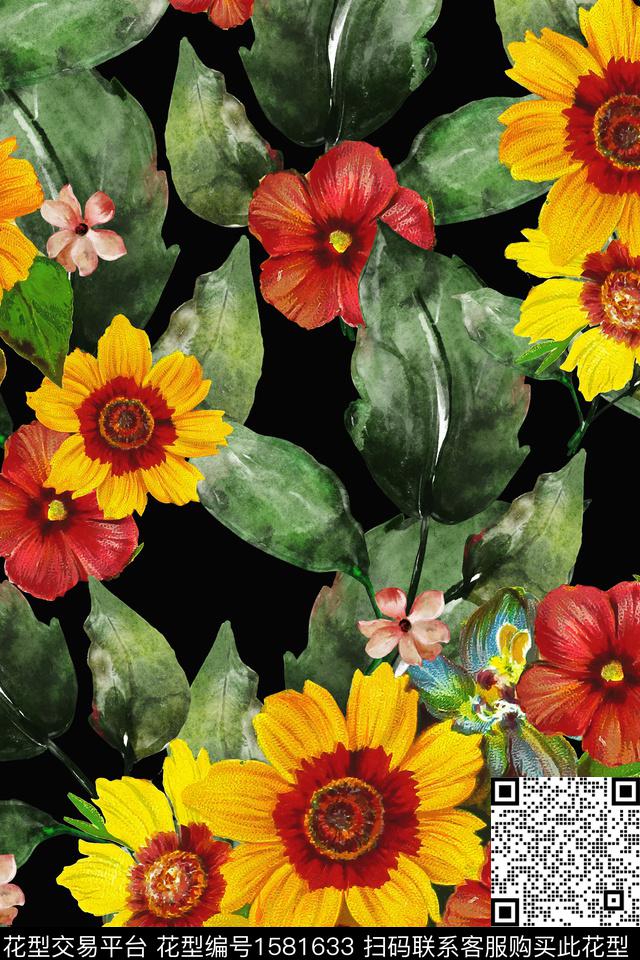 花卉大花黑底花卉数码印花华亿平台下载（图片编号: 1581633） - 瓦栏（Walan）