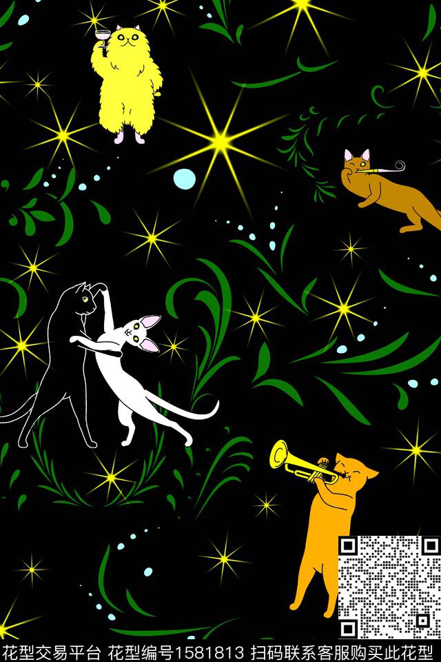 卡通动物植物猫数码印花华亿平台下载（图片编号: 1581813） - 瓦栏（Walan）