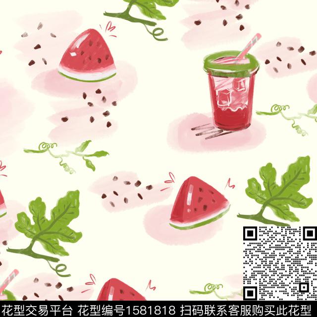 水彩西瓜水果数码印花华亿平台下载（图片编号: 1581818） - 瓦栏（Walan）
