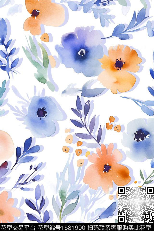 花卉水彩花卉剪影数码印花华亿平台下载（图片编号: 1581990） - 瓦栏（Walan）