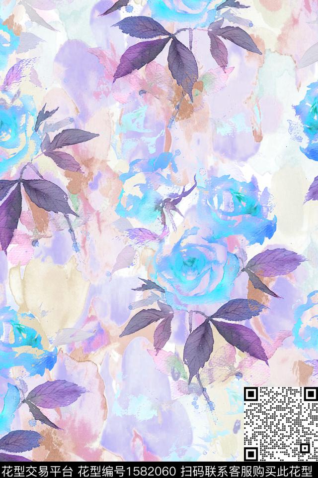 花卉水彩花卉抽象数码印花华亿平台下载（图片编号: 1582060） - 瓦栏（Walan）