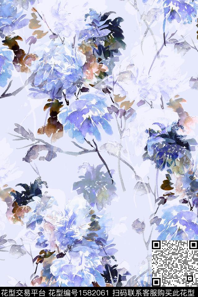 中国风花卉水彩花卉数码印花华亿平台下载（图片编号: 1582061） - 瓦栏（Walan）