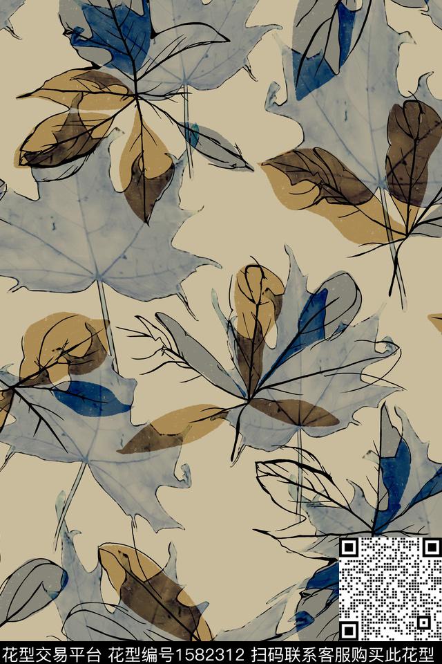 叶子枫叶复古数码印花华亿平台下载（图片编号: 1582312） - 瓦栏（Walan）