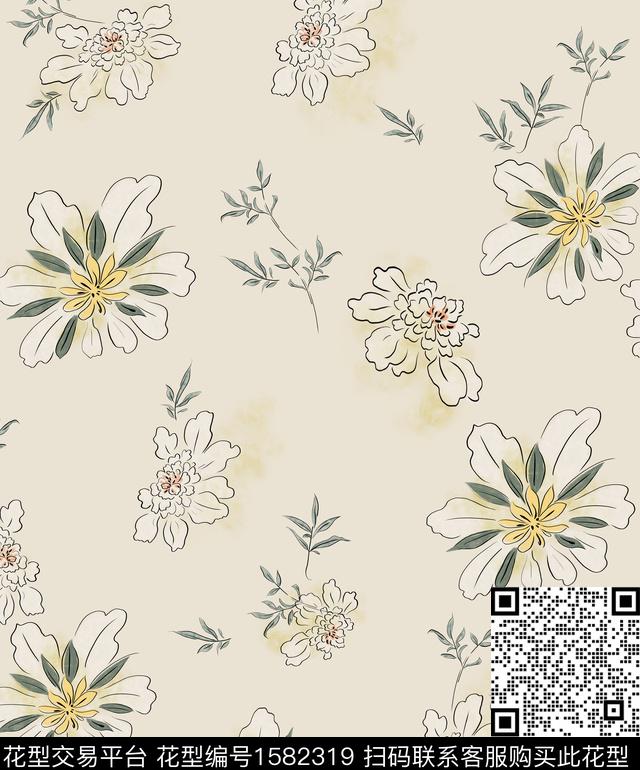 花卉连衣裙线条花数码印花华亿平台下载（图片编号: 1582319） - 瓦栏（Walan）