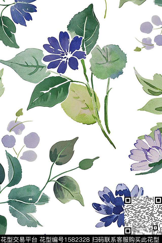 大花白底花小清新数码印花华亿平台下载（图片编号: 1582328） - 瓦栏（Walan）