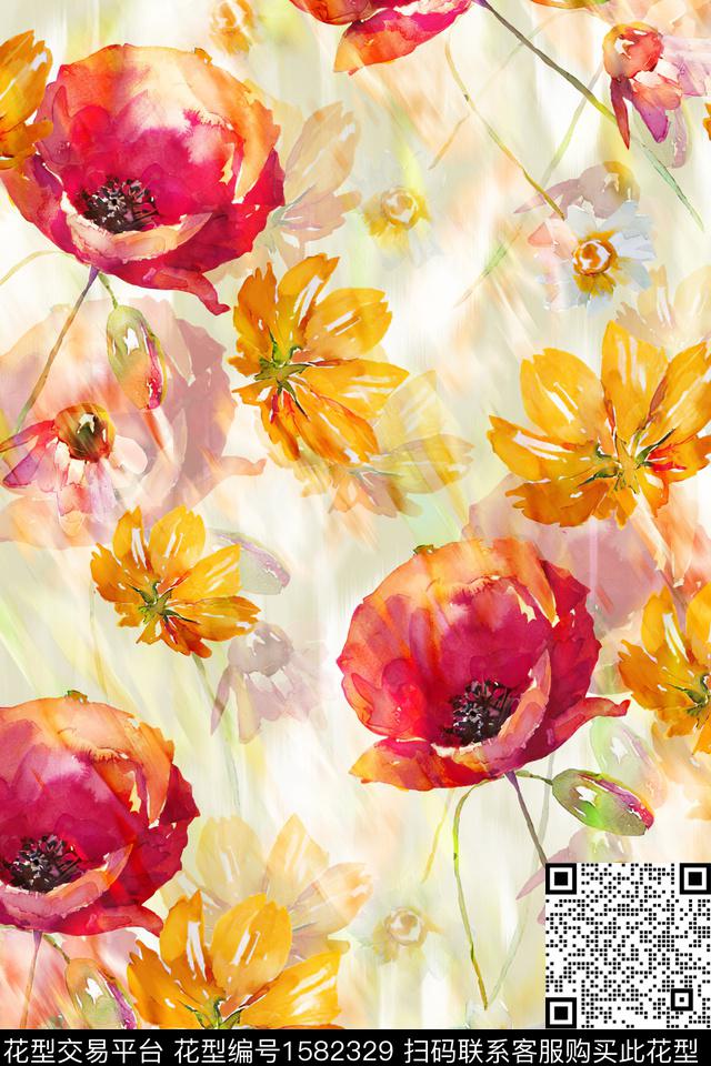 水彩花卉抽象花卉数码印花华亿平台下载（图片编号: 1582329） - 瓦栏（Walan）