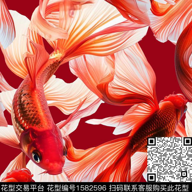 真丝中国红鱼数码印花华亿平台下载（图片编号: 1582596） - 瓦栏（Walan）