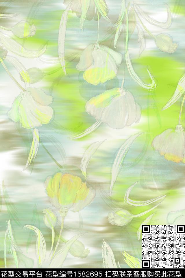 肌理手绘花卉渐变数码印花华亿平台下载（图片编号: 1582695） - 瓦栏（Walan）