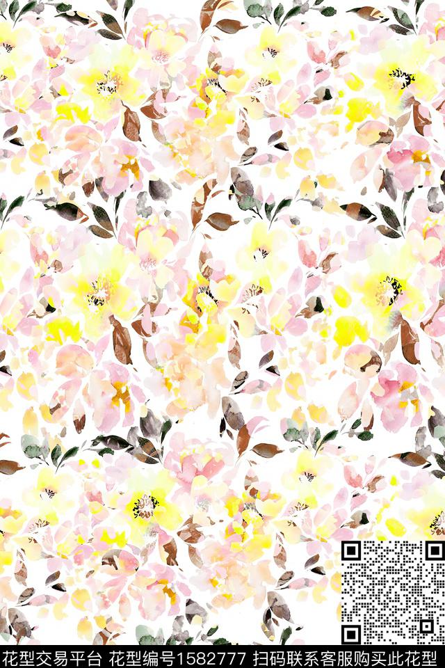 花卉水彩花卉白底花数码印花华亿平台下载（图片编号: 1582777） - 瓦栏（Walan）