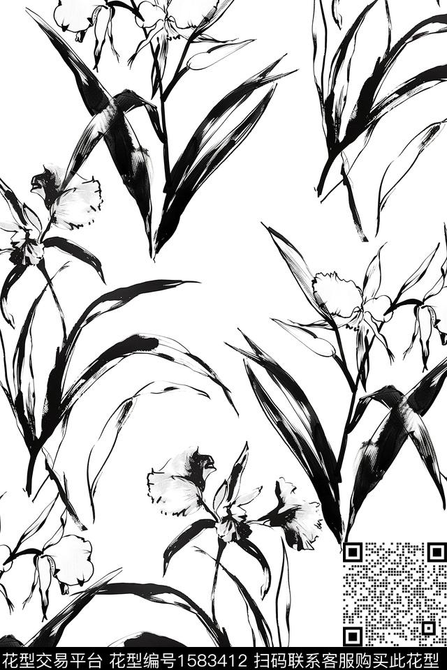 花卉水墨风黑白华亿平台数码印花华亿平台下载（图片编号: 1583412） - 瓦栏（Walan）