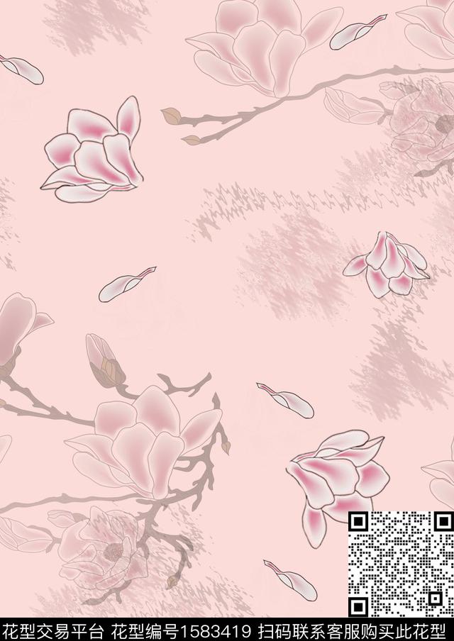 花卉玉兰花中国风数码印花华亿平台下载（图片编号: 1583419） - 瓦栏（Walan）