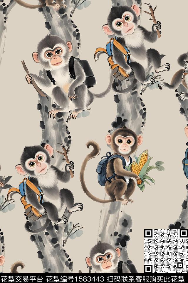 中国风水墨风猴子数码印花华亿平台下载（图片编号: 1583443） - 瓦栏（Walan）