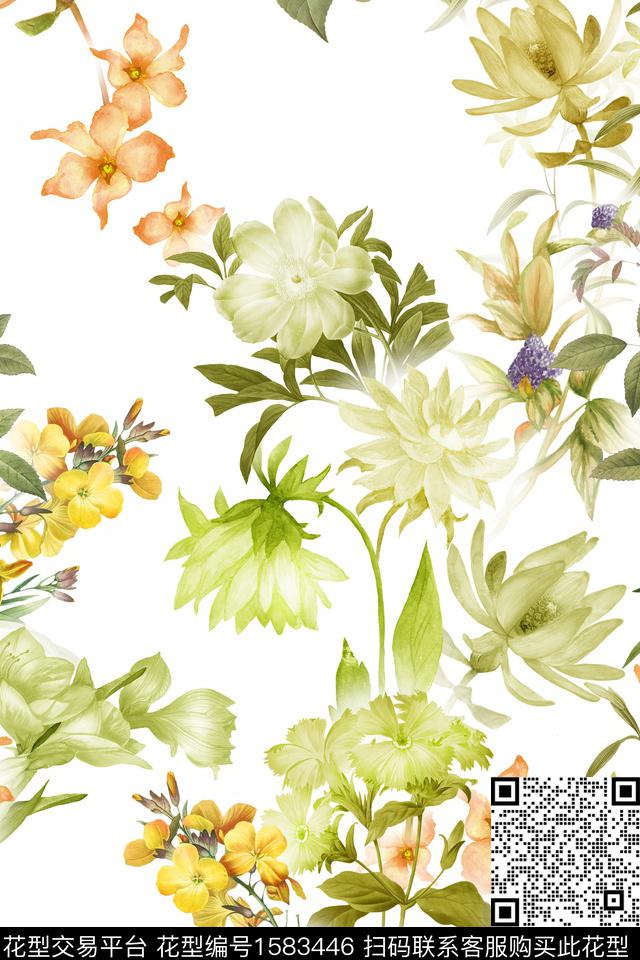 春夏华亿平台花卉浅色底华亿平台数码印花华亿平台下载（图片编号: 1583446） - 瓦栏（Walan）