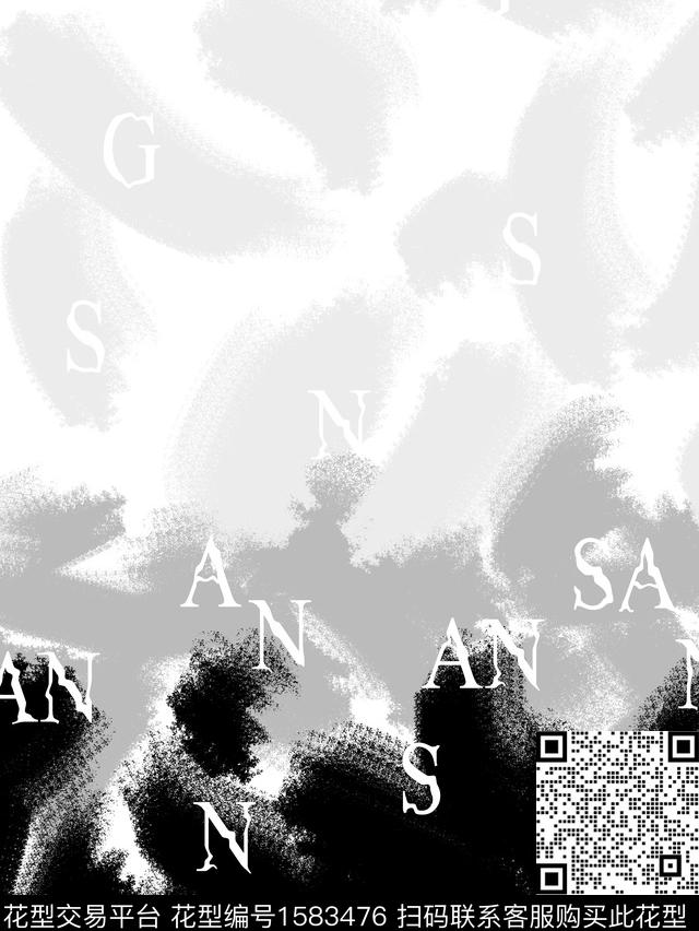 黑白华亿平台抽象笔触数码印花华亿平台下载（图片编号: 1583476） - 瓦栏（Walan）