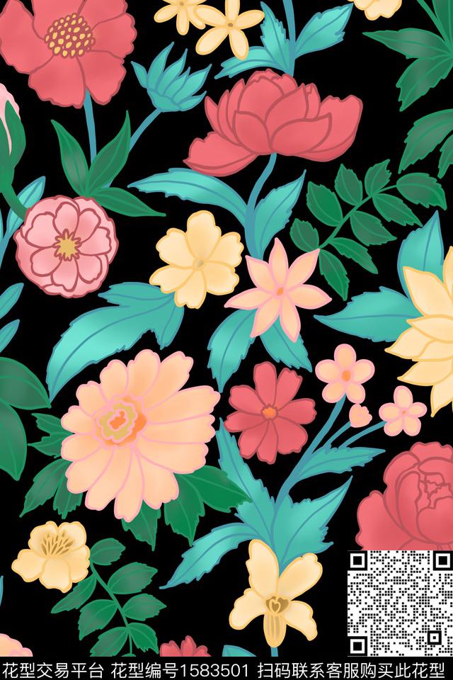 大花平面花卉黑底花卉数码印花华亿平台下载（图片编号: 1583501） - 瓦栏（Walan）