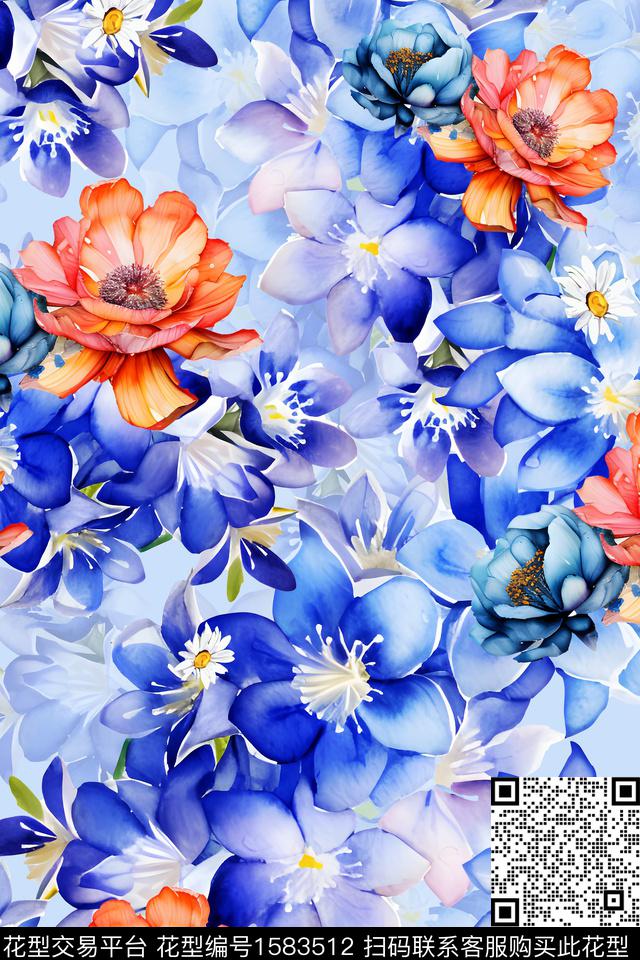 水彩花卉小清新影花数码印花华亿平台下载（图片编号: 1583512） - 瓦栏（Walan）