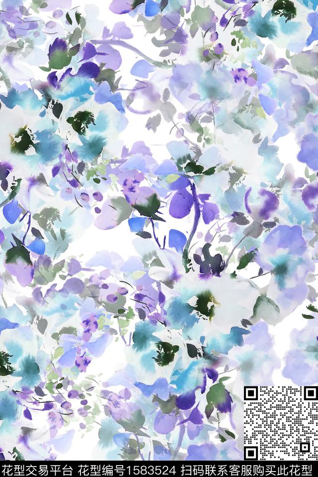 真丝花卉手绘花卉数码印花华亿平台下载（图片编号: 1583524） - 瓦栏（Walan）