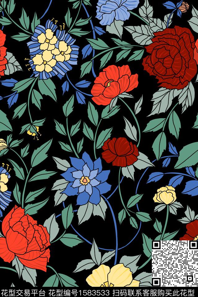 大花平面花卉黑底花卉数码印花华亿平台下载（图片编号: 1583533） - 瓦栏（Walan）