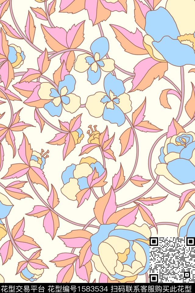 大花清爽底花卉平面花卉数码印花华亿平台下载（图片编号: 1583534） - 瓦栏（Walan）