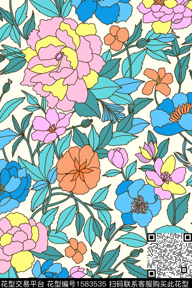 大花清爽底花卉平面花卉数码印花华亿平台下载（图片编号: 1583535） - 瓦栏（Walan）