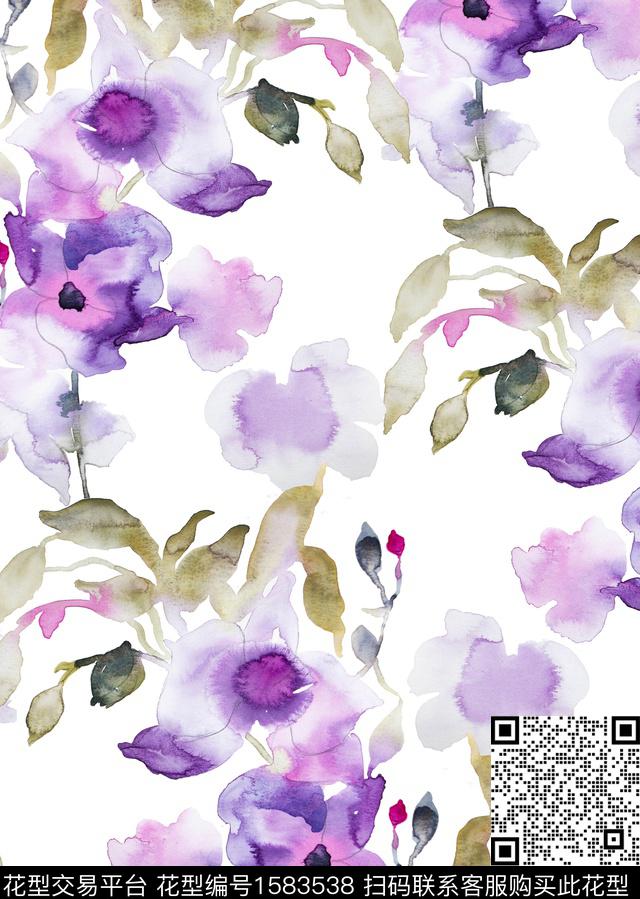 水彩花卉紫色花淡雅风数码印花华亿平台下载（图片编号: 1583538） - 瓦栏（Walan）