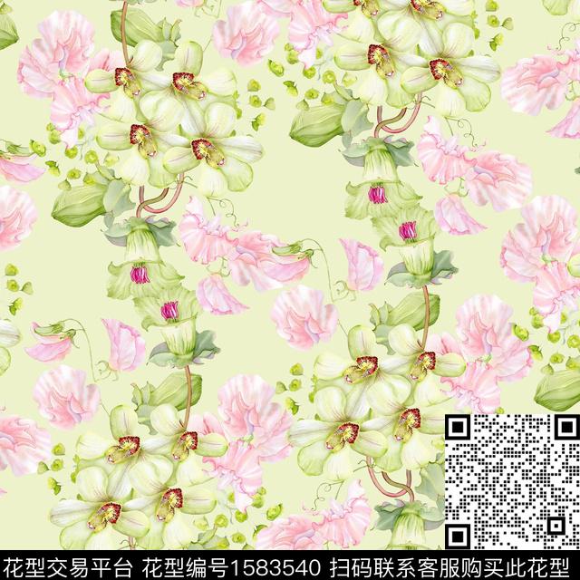 蝴蝶兰水彩花卉淡雅风数码印花华亿平台下载（图片编号: 1583540） - 瓦栏（Walan）
