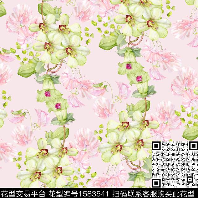 蝴蝶兰水彩花卉淡雅风数码印花华亿平台下载（图片编号: 1583541） - 瓦栏（Walan）