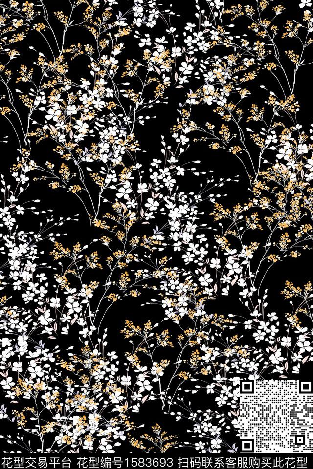 剪影黑底花卉花卉数码印花华亿平台下载（图片编号: 1583693） - 瓦栏（Walan）