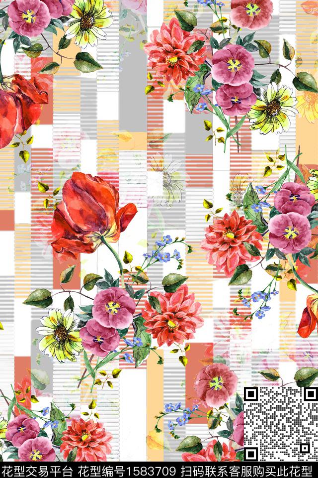 几何条纹花卉数码印花华亿平台下载（图片编号: 1583709） - 瓦栏（Walan）