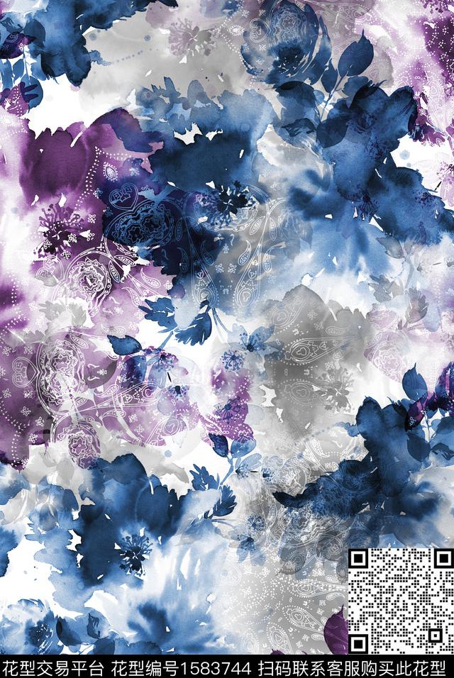 水彩花卉民族风佩斯利数码印花华亿平台下载（图片编号: 1583744） - 瓦栏（Walan）