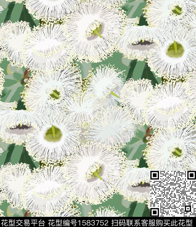手绘花卉绿色系绒花数码印花华亿平台下载（图片编号: 1583752） - 瓦栏（Walan）