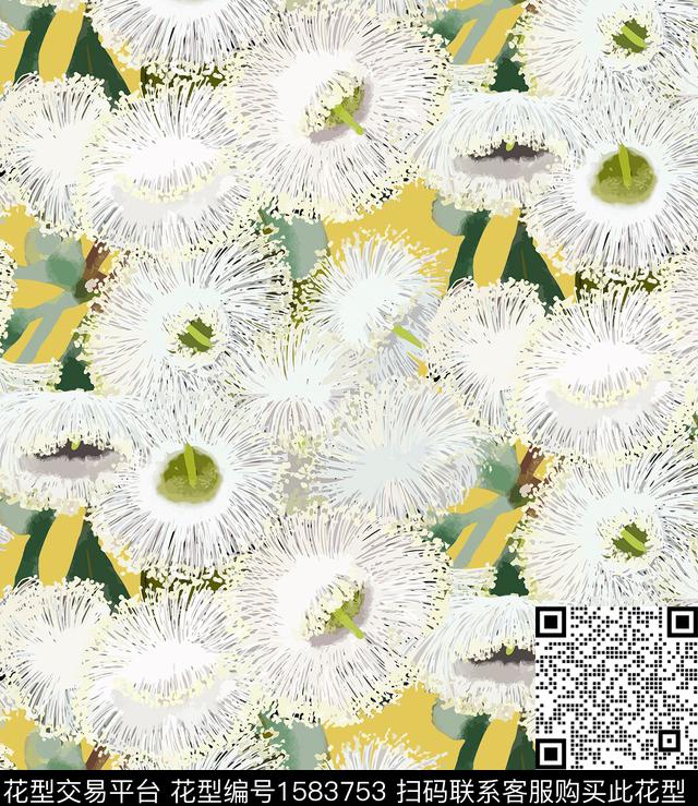 手绘花卉绿色系绒花数码印花华亿平台下载（图片编号: 1583753） - 瓦栏（Walan）