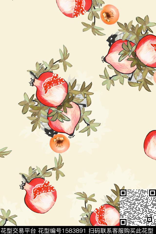 石榴柿子中国风数码印花华亿平台下载（图片编号: 1583891） - 瓦栏（Walan）