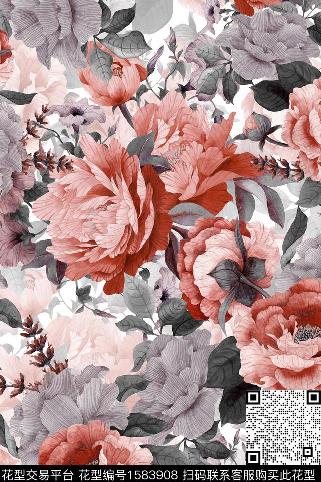 花卉水彩花卉满版散花数码印花华亿平台下载（图片编号: 1583908） - 瓦栏（Walan）