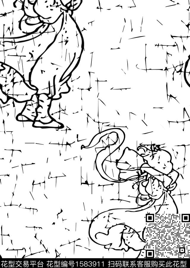 黑白抽象人物数码印花华亿平台下载（图片编号: 1583911） - 瓦栏（Walan）