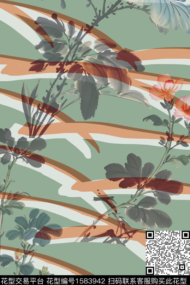 条纹笔触水墨风数码印花华亿平台下载（图片编号: 1583942） - 瓦栏（Walan）