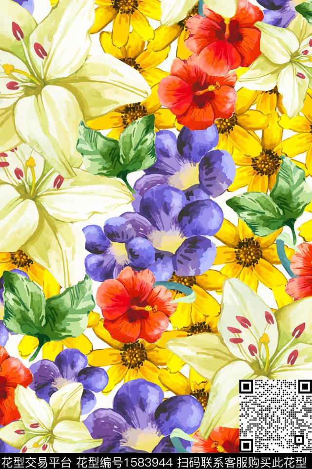 花卉水彩花卉满版散花数码印花华亿平台下载（图片编号: 1583944） - 瓦栏（Walan）