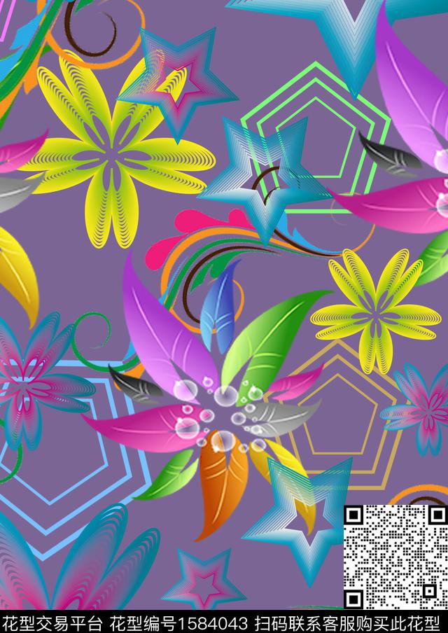 抽象几何叶子数码印花华亿平台下载（图片编号: 1584043） - 瓦栏（Walan）