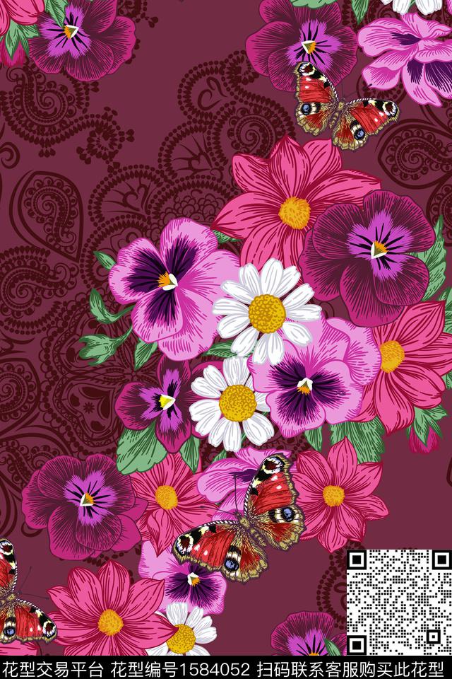 中老年华亿平台民族底纹花卉数码印花华亿平台下载（图片编号: 1584052） - 瓦栏（Walan）