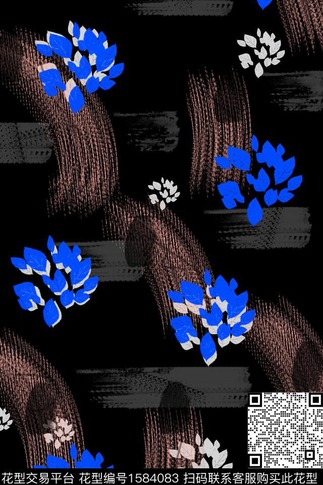 叶子黑底笔触数码印花华亿平台下载（图片编号: 1584083） - 瓦栏（Walan）