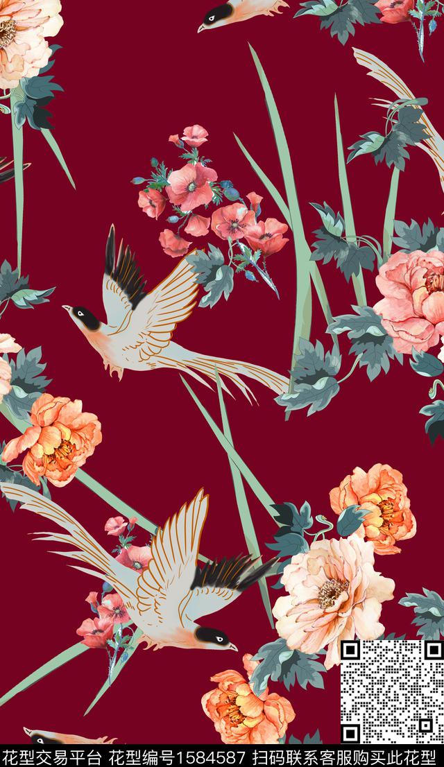 鸟花卉酒红底数码印花华亿平台下载（图片编号: 1584587） - 瓦栏（Walan）