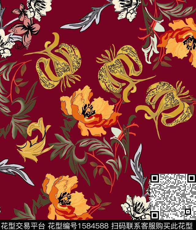 花卉手绘酒红底数码印花华亿平台下载（图片编号: 1584588） - 瓦栏（Walan）