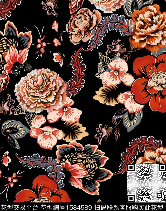 花卉水彩黑底花卉数码印花华亿平台下载（图片编号: 1584589） - 瓦栏（Walan）